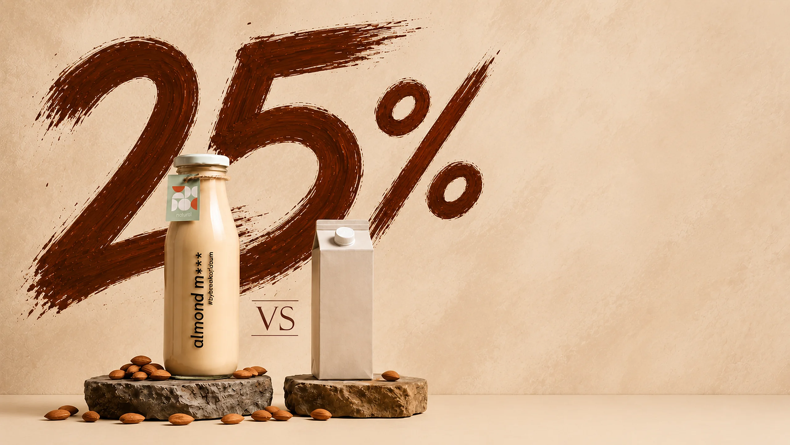 Our almond m*** bottle on a stone beside a plain unbranded carton, almonds scattered around them, with 25% hand-painted on the wall behind and a small VS between the two. The carton is unbranded and represents a typical long-life almond drink, not any particular product.