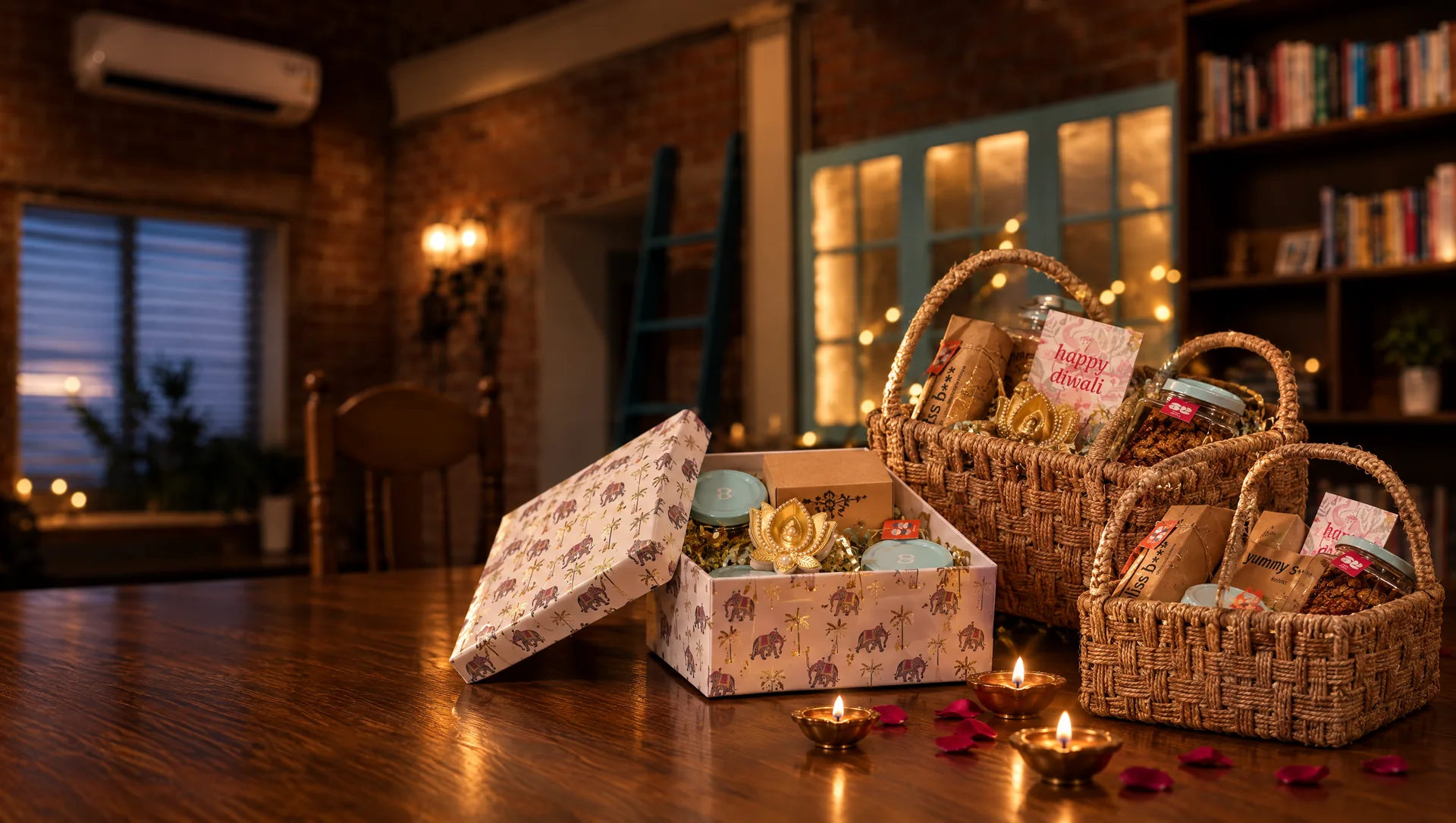 Break of Dawn's Diwali hampers on the long table at Gather, with brass diyas and rose petals