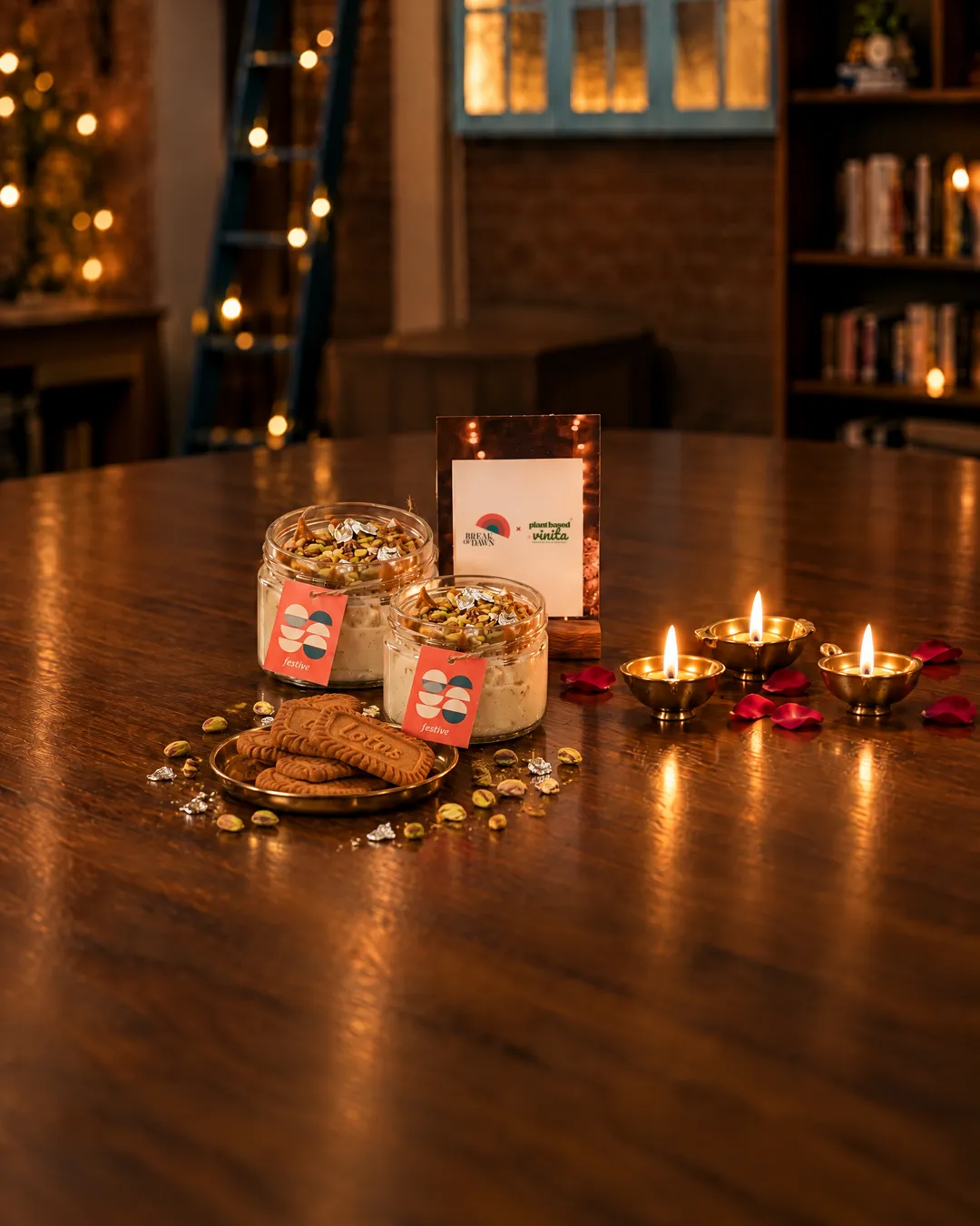 Two jars of Break of Dawn Biscoff kalakand with festive tags, Biscoff biscuits on a brass plate, pistachios, silver leaf, diyas and the Break of Dawn x Plant Based Vinita card on the Gather table