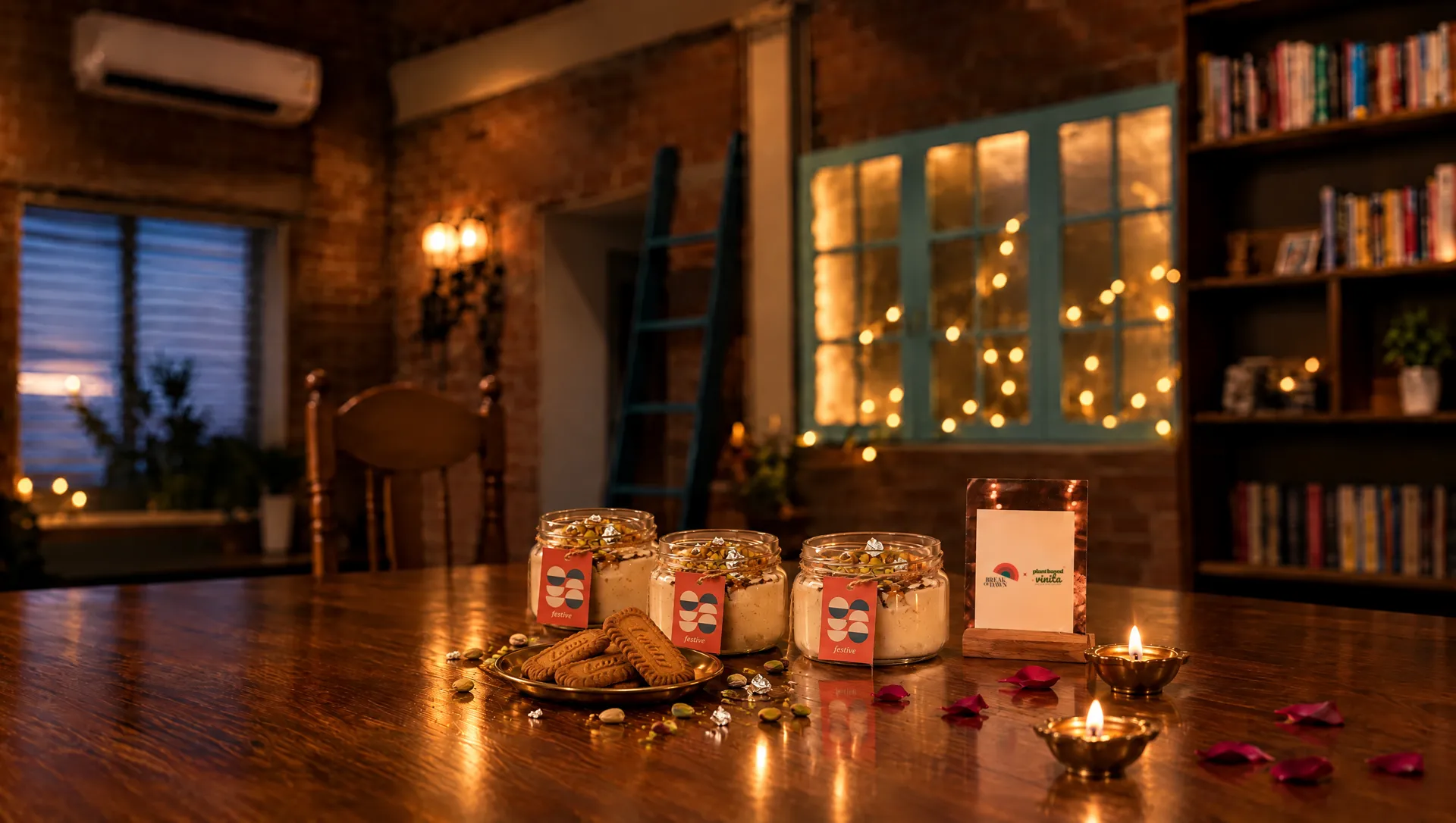 Biscoff kalakand jars with festive tags, Biscoff biscuits on a brass plate, pistachios, silver leaf, diyas and the Break of Dawn x Plant Based Vinita card on the Gather table
