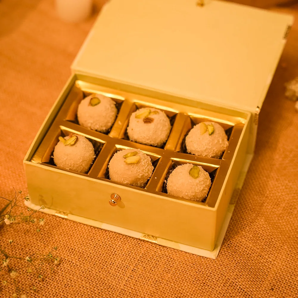 A box of six sugar-free coconut sandesh
