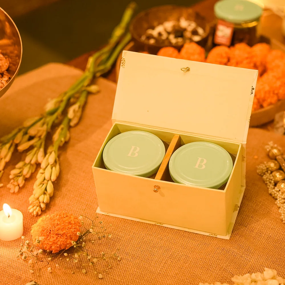 A two-section floral paper gift box
