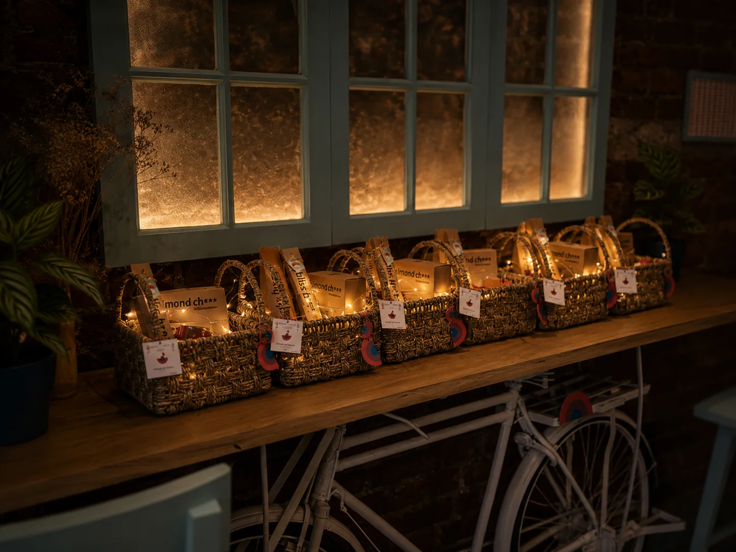 A row of jute gift baskets strung with fairy lights along the counter at Break of Dawn.