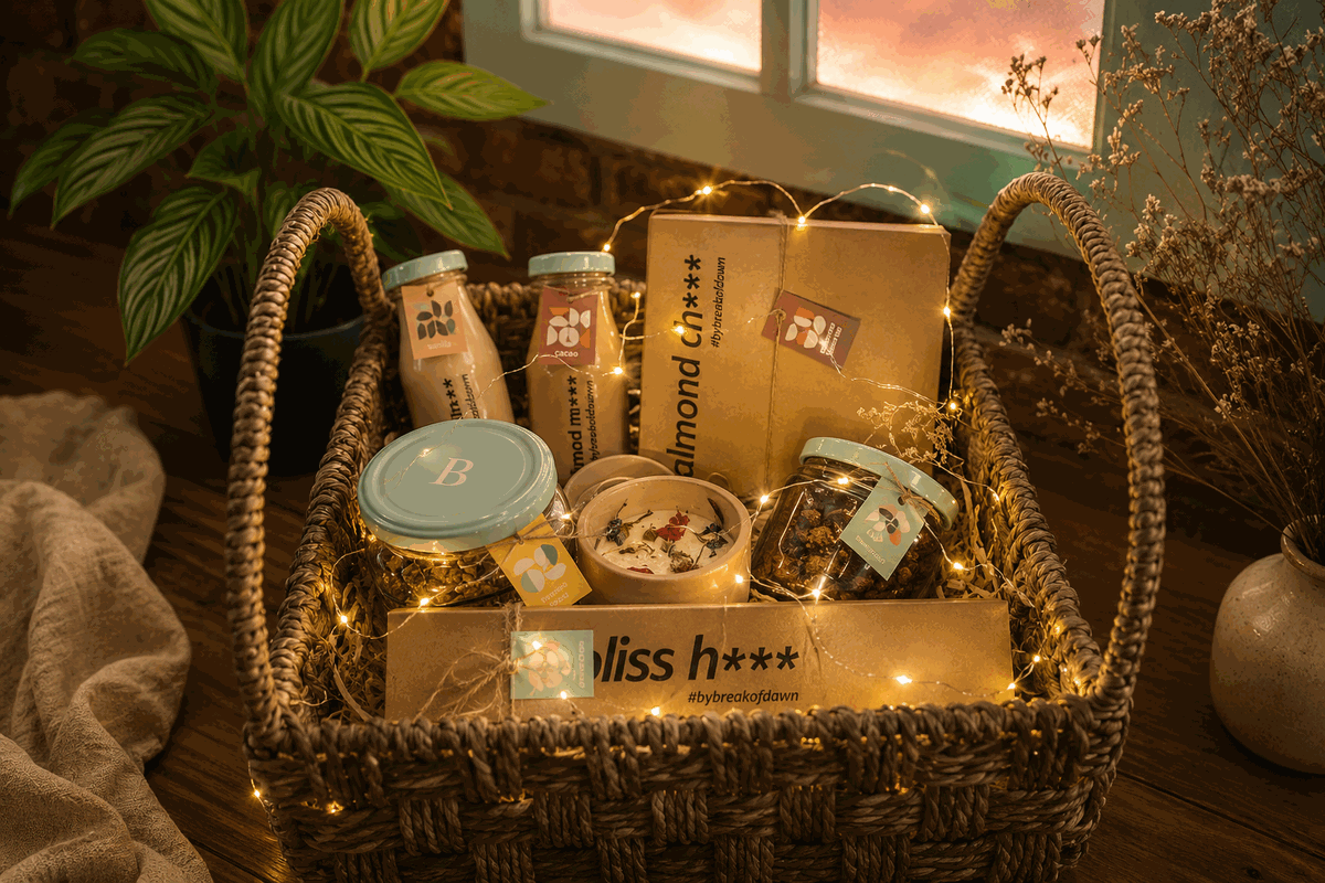 A big basket held in two hands, packed with almond milk, almond cheese, nogurt and bliss balls under fairy lights.