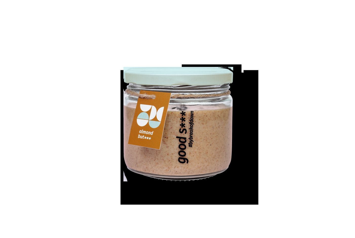 A jar of Break of Dawn almond butter, the highest-protein thing in the kitchen at 29.5 g per 100 g