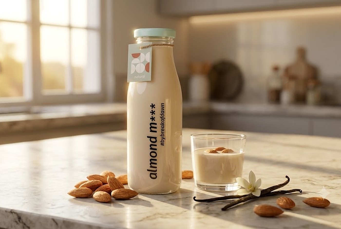 A bottle of Break of Dawn almond milk on a marble kitchen counter beside a glass of almond milk, whole almonds and a vanilla pod