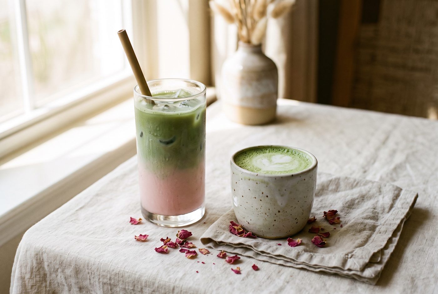 An iced rose matcha latte in a tall glass, its green layer sitting over blush-pink almond milk, beside a small ceramic cup of hot frothy matcha on cream linen.