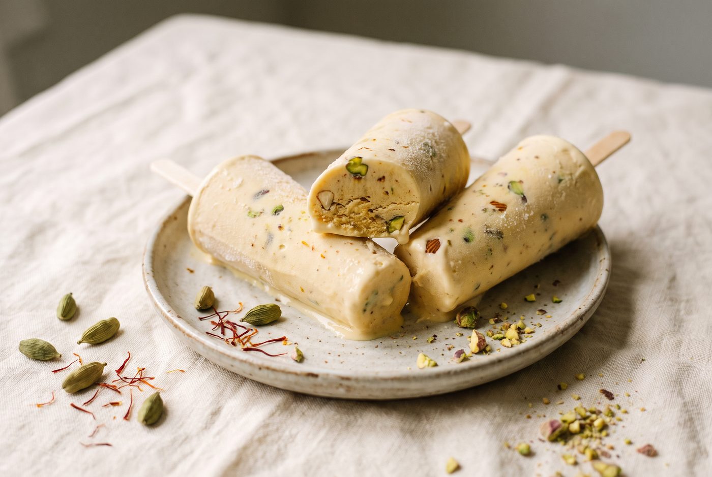 Saffron-cream kulfi lollies flecked with pistachio on a ceramic plate, one sliced open, with cardamom pods and saffron threads scattered around.