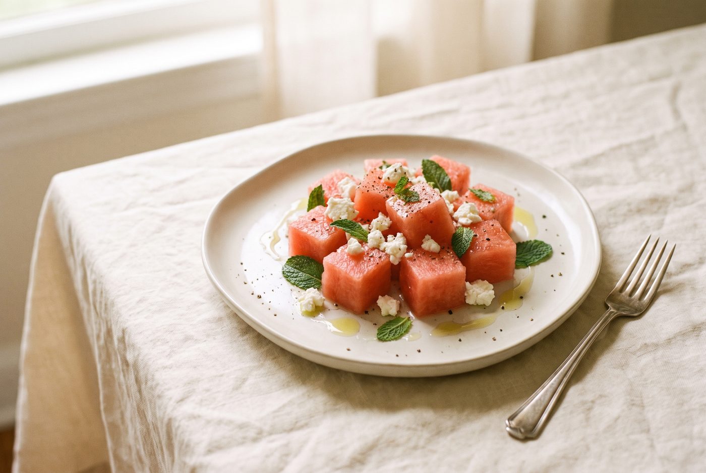Cubes of chilled watermelon with crumbled white almond feta, mint leaves and cracked pepper on a pale ceramic plate.