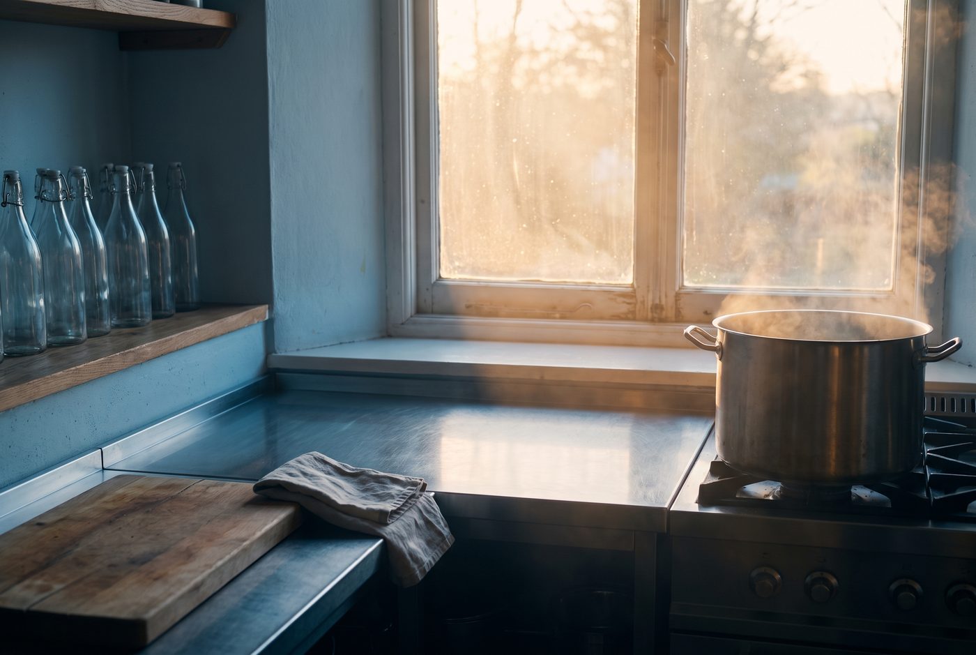 A quiet kitchen at first light: low sun through the window, a pot steaming on the stove and a row of empty glass bottles waiting on the shelf.