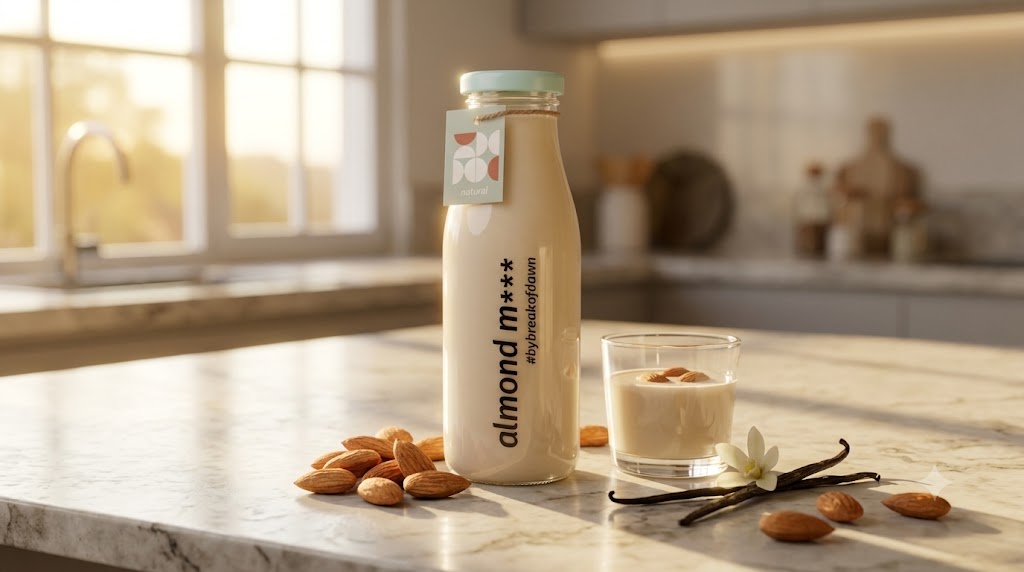 Break of Dawn natural almond milk on a marble counter with almonds and vanilla