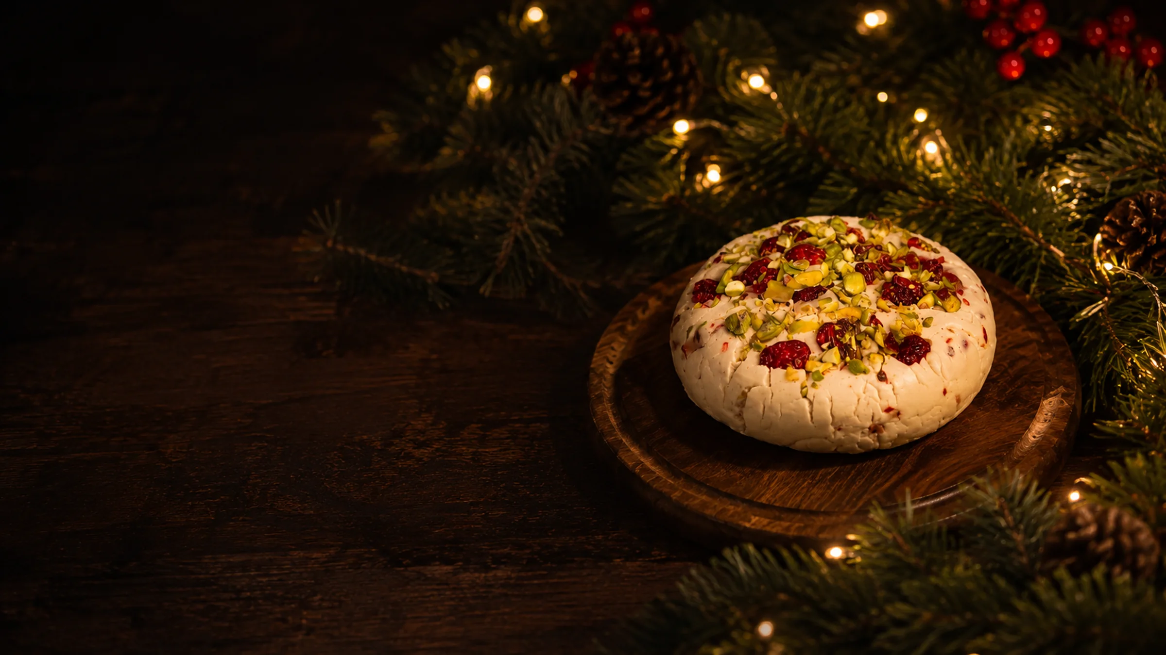 Break of Dawn cranberry and pistachio almond feta on a wooden board, surrounded by pine and fairy lights
