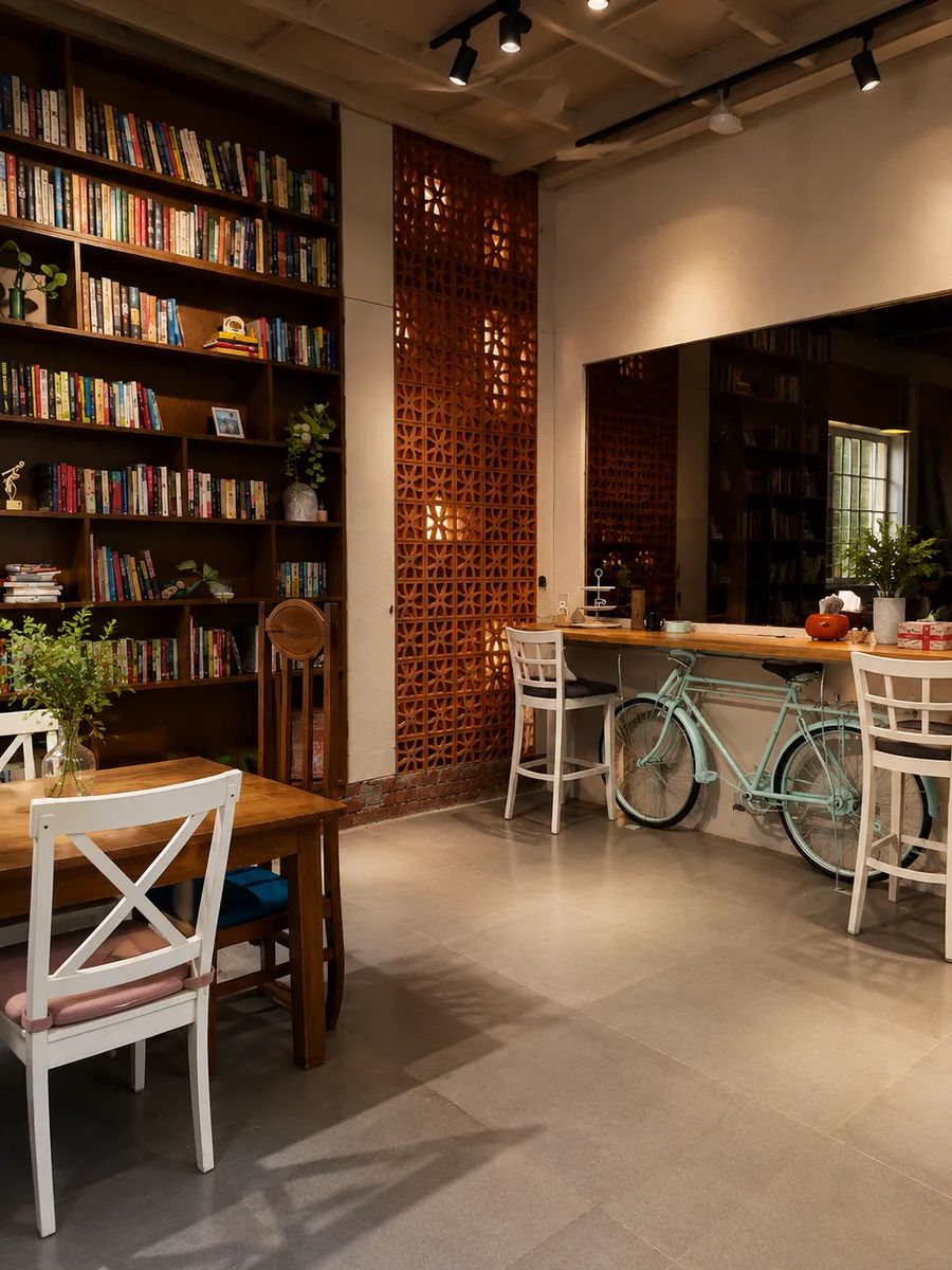 A corner of the Gather studio: a wall of books, a terracotta jali screen and a counter with a mint-green bicycle beneath it
