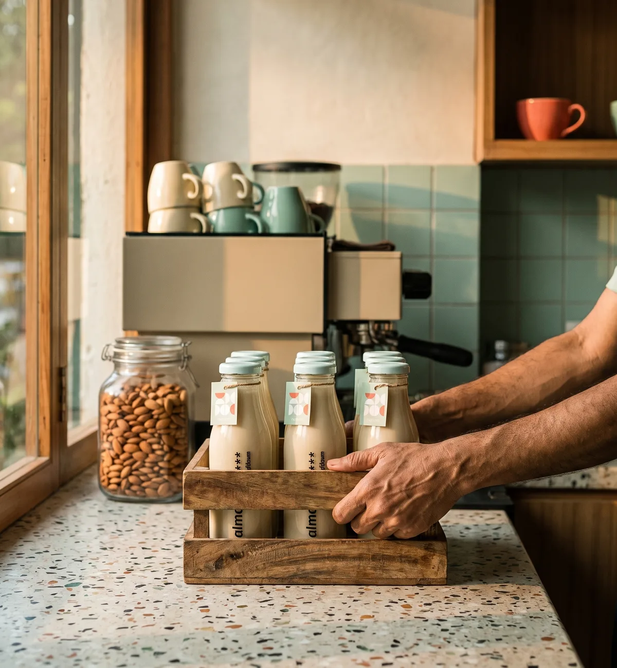 A crate of Break of Dawn almond milk being set down on a café counter at dawn