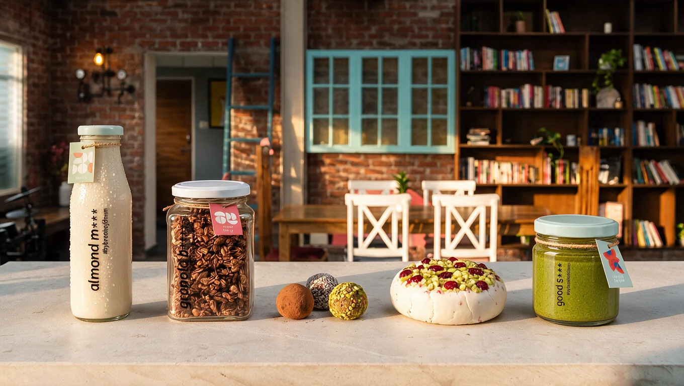 The Break of Dawn range on the Gather counter at golden hour - almond milk, bliss balls, almond cheese and pesto dip