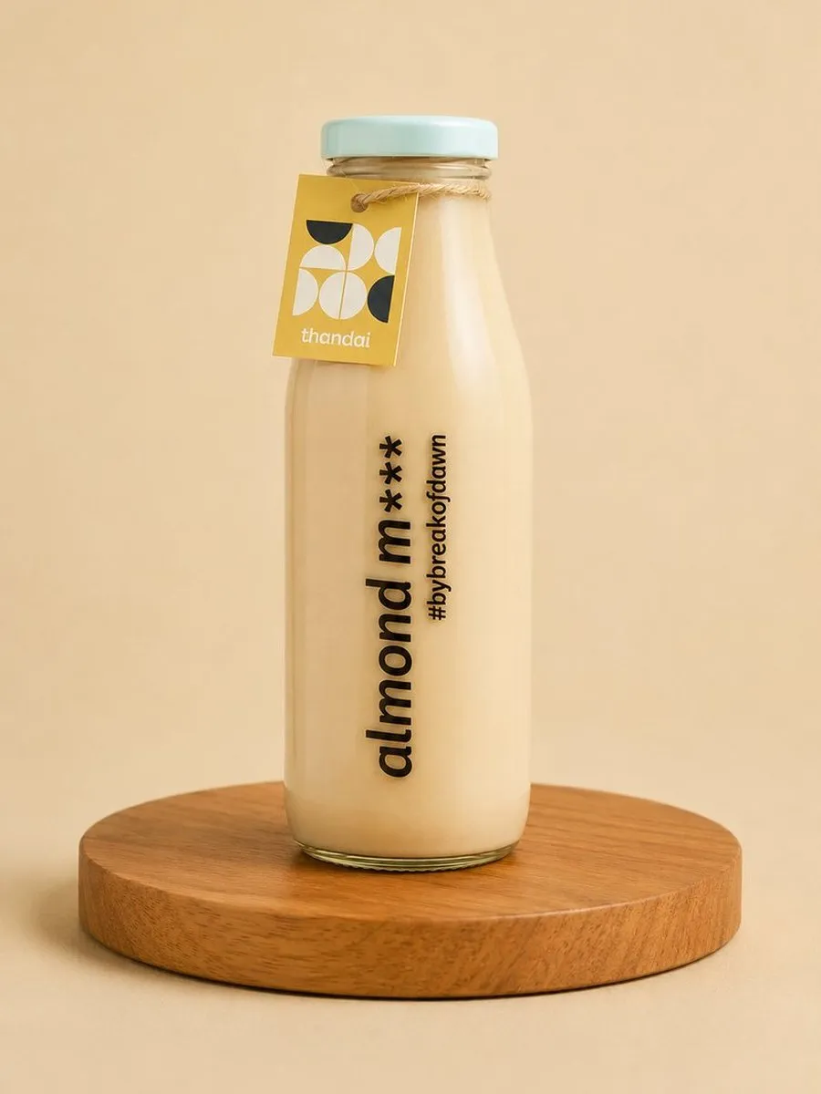 A glass bottle of Break of Dawn thandai almond milk, made fresh in Mumbai