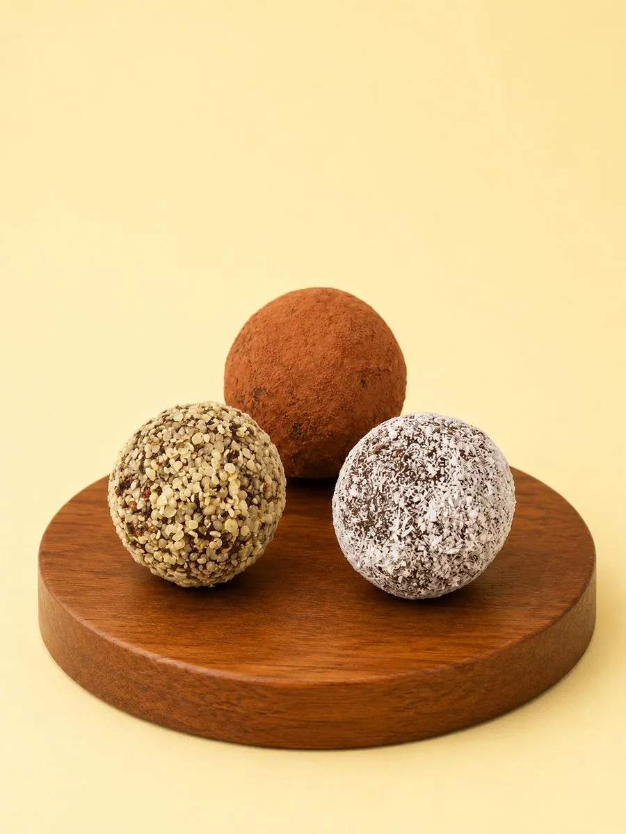 Three Break of Dawn bliss balls on a wooden board: cacao, hemp and coconut