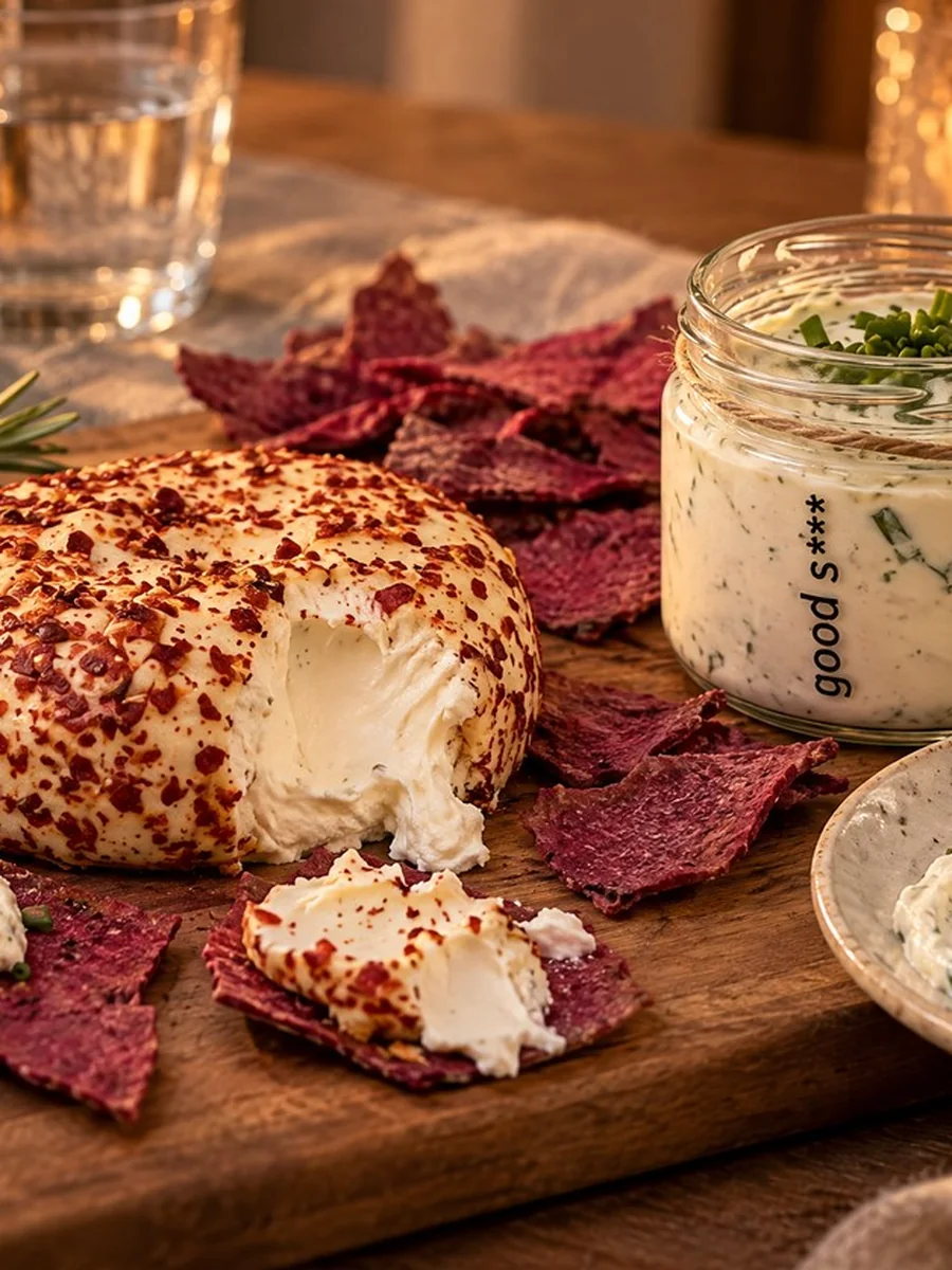 The Cheese Board bundle from Break of Dawn: chilli garlic almond feta and truffle & chives cream cheese with beetroot lavash