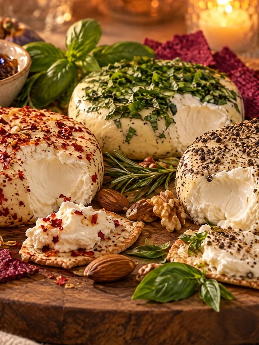 Feta Flight bundle from Break of Dawn: chilli garlic, basil and peppercorn almond feta wheels with beetroot lavash