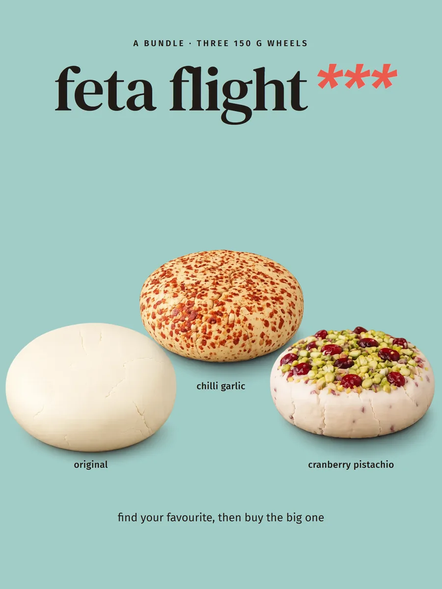 Feta Flight bundle from Break of Dawn: three 150 g almond feta wheels, original, chilli garlic and cranberry pistachio