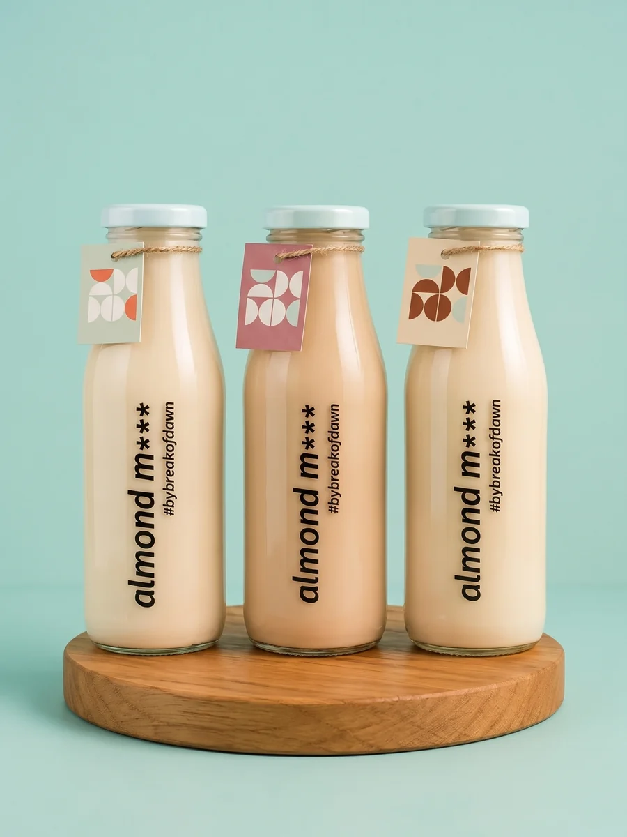 Morning Three bundle from Break of Dawn: natural, dates and vanilla almond milk bottles on a wooden board