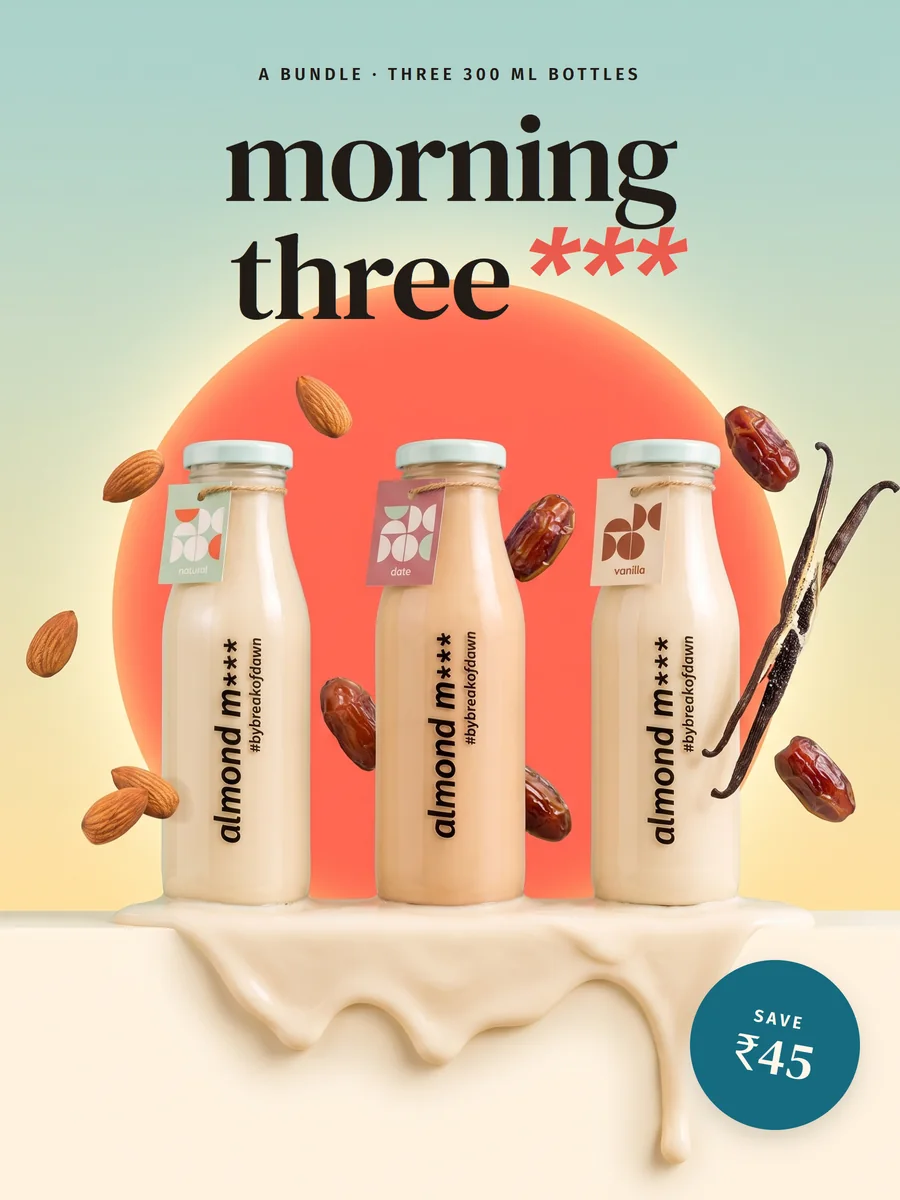 Morning Three bundle from Break of Dawn: natural, dates and vanilla almond milk bottles