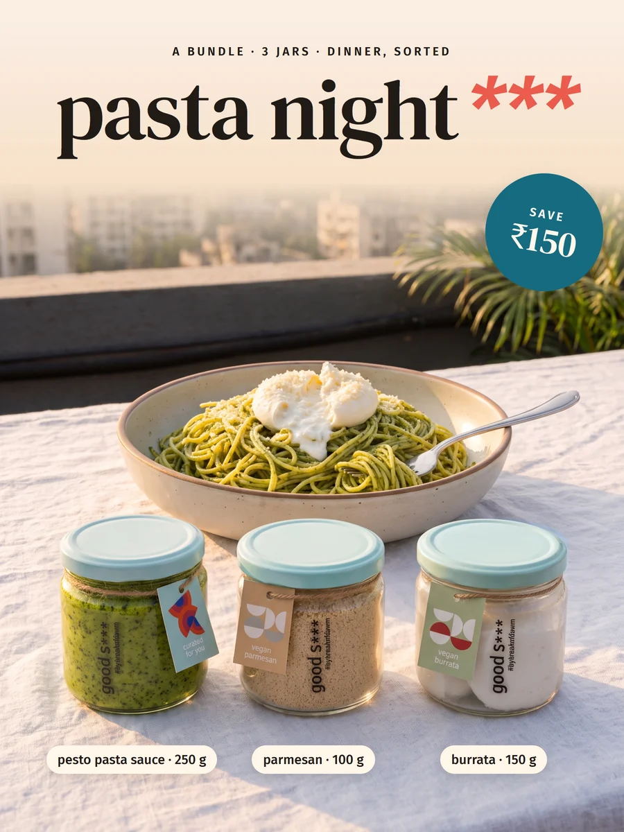Pasta Night bundle from Break of Dawn: high-protein pesto pasta sauce, vegan parmesan and vegan burrata