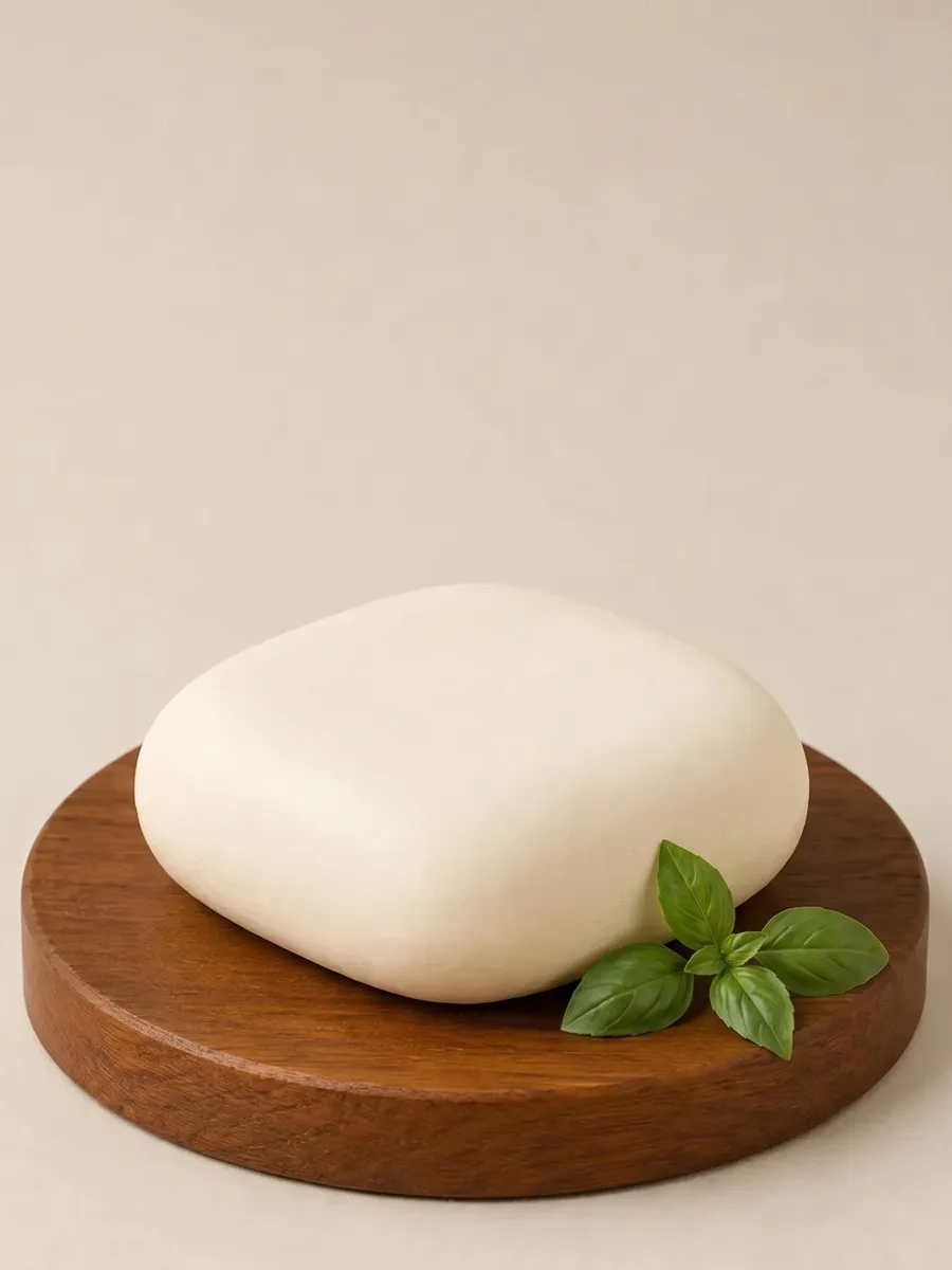 A block of Break of Dawn plant-based cottage cheese made from watermelon seeds, on a wooden board