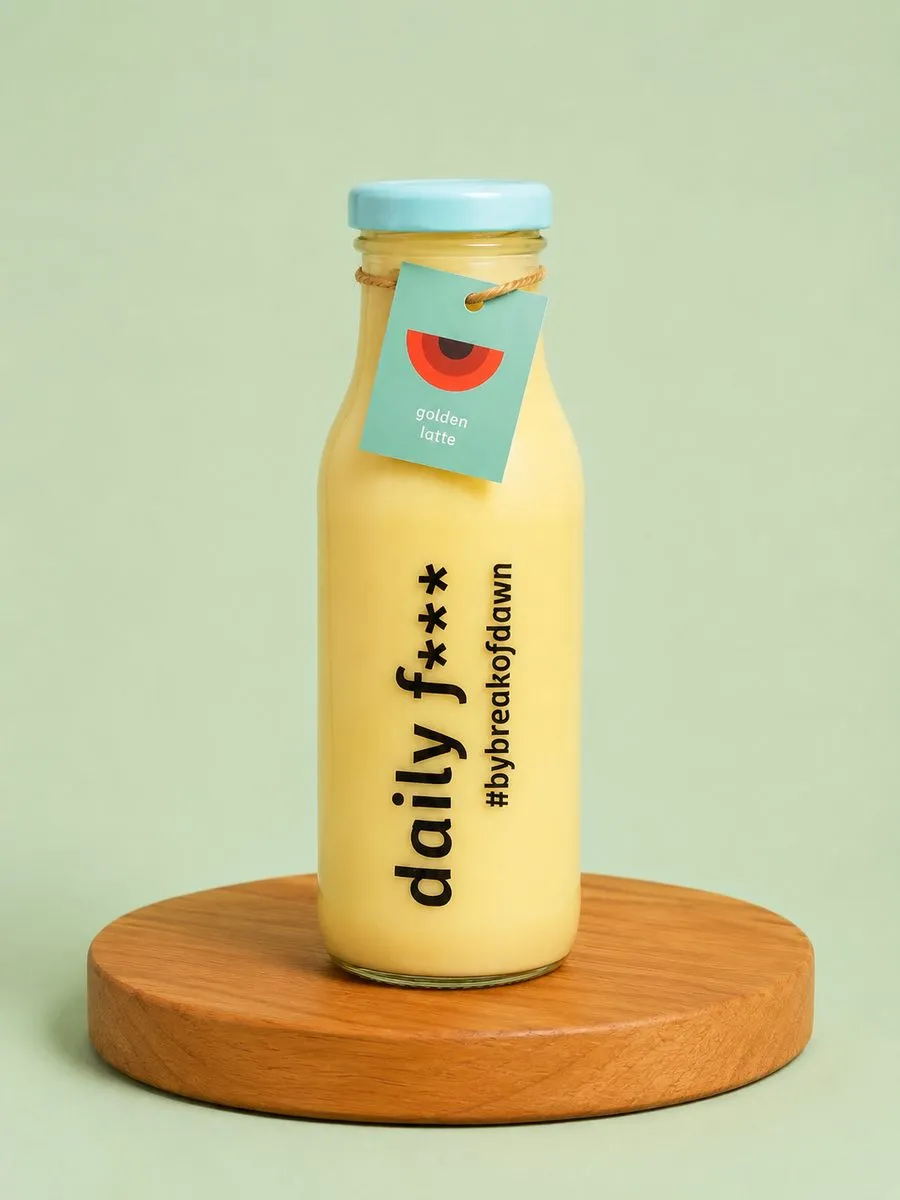 A bottle of Break of Dawn golden latte, turmeric-yellow, on a wooden board against a sage backdrop.