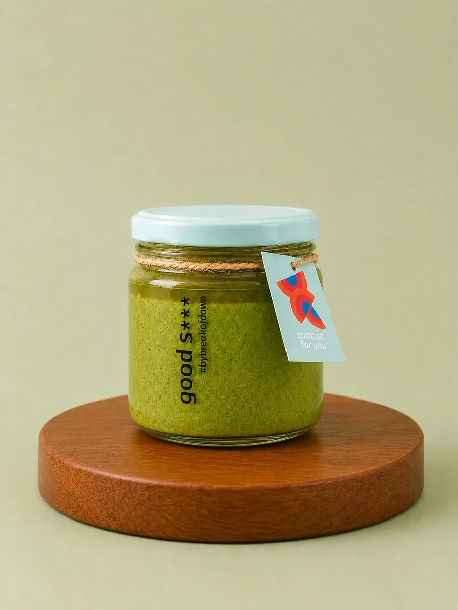 A jar of Break of Dawn basil pesto, a plant-based dip made fresh in Mumbai