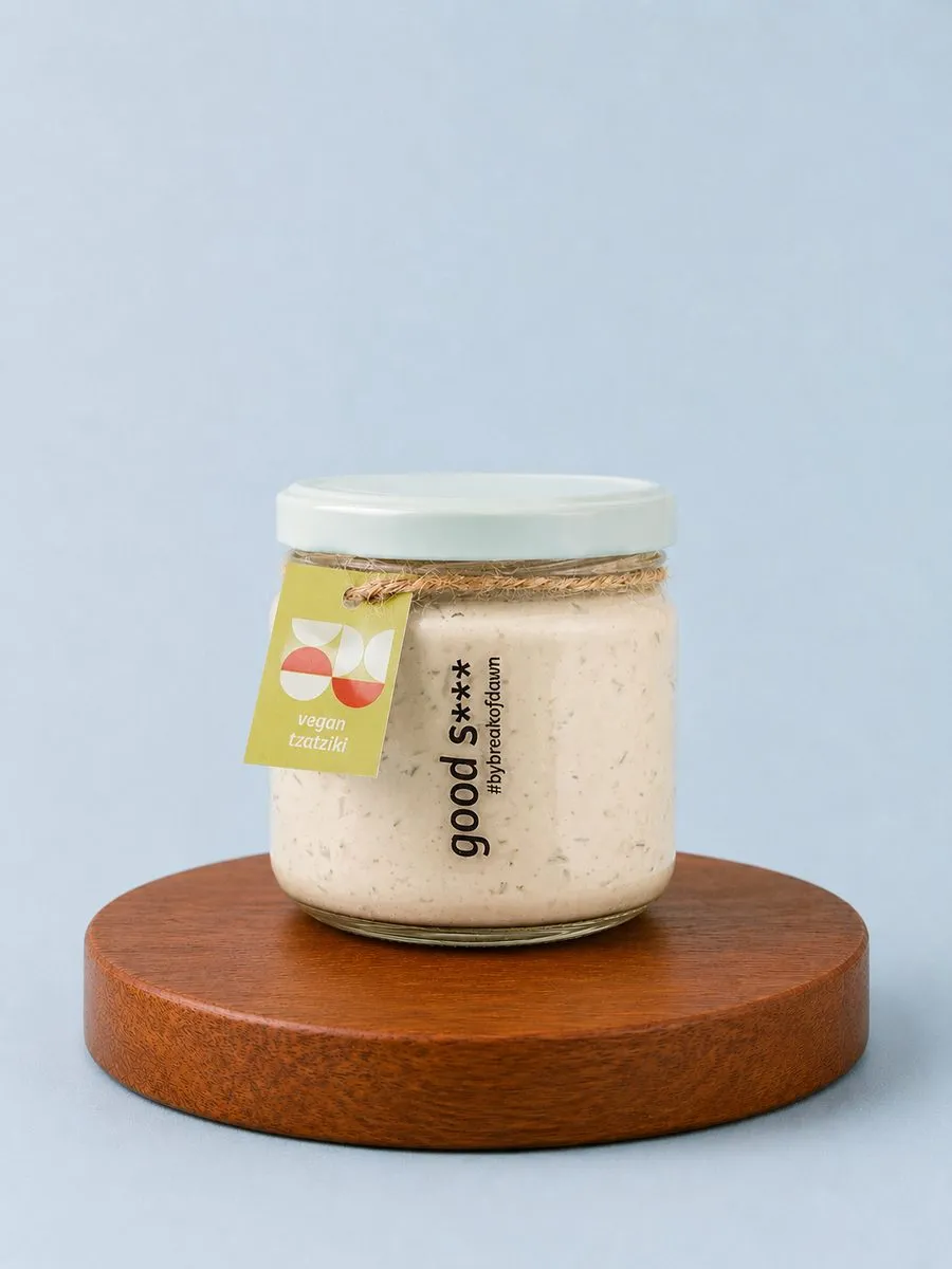 A jar of Break of Dawn vegan tzatziki, an almond-based dairy-free dip