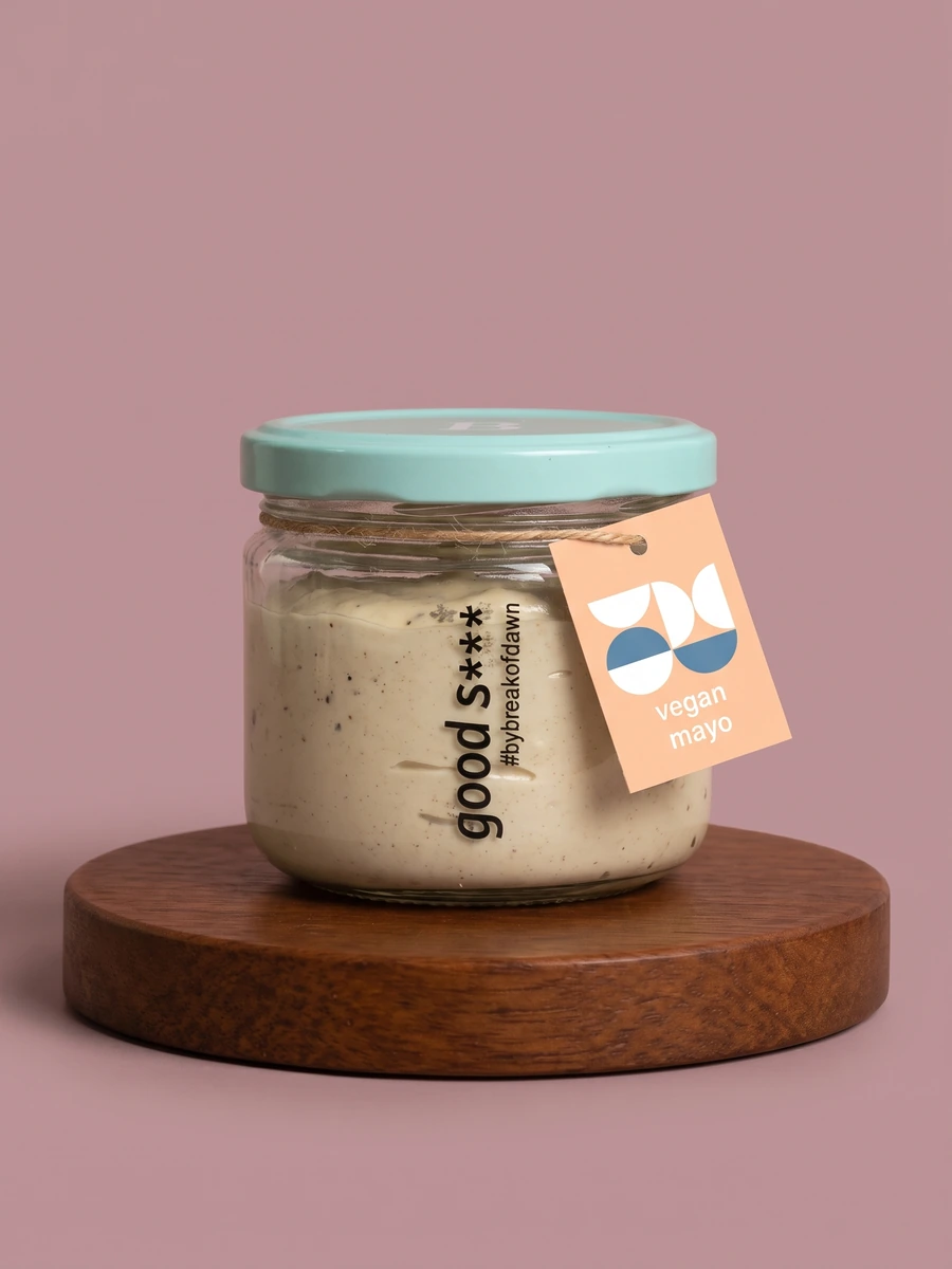 A jar of Break of Dawn vegan mayo, a plant-based mayonnaise made fresh in Mumbai