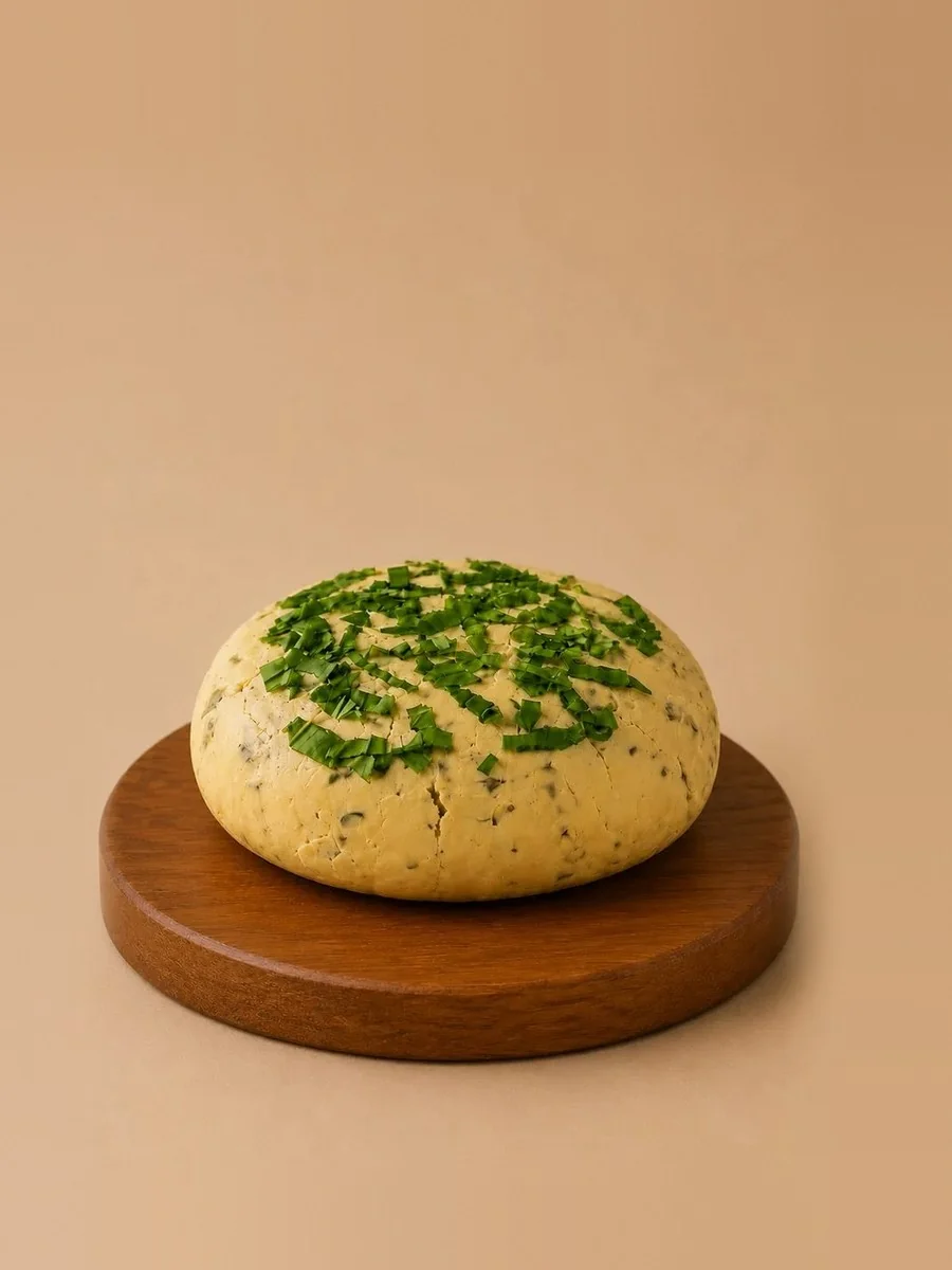 A wheel of Break of Dawn basil feta, nut-based feta made from almonds