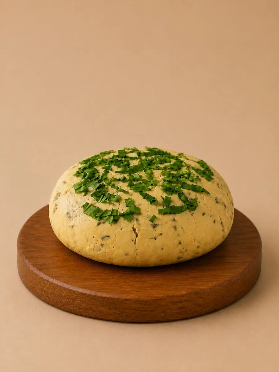 A wheel of Break of Dawn basil feta, cultured nut-based feta made from almonds