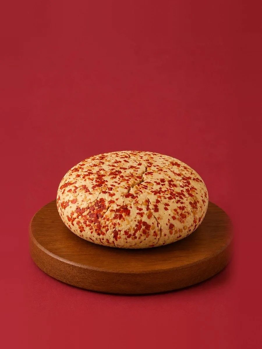 A wheel of Break of Dawn chilli garlic feta, nut-based feta made from almonds
