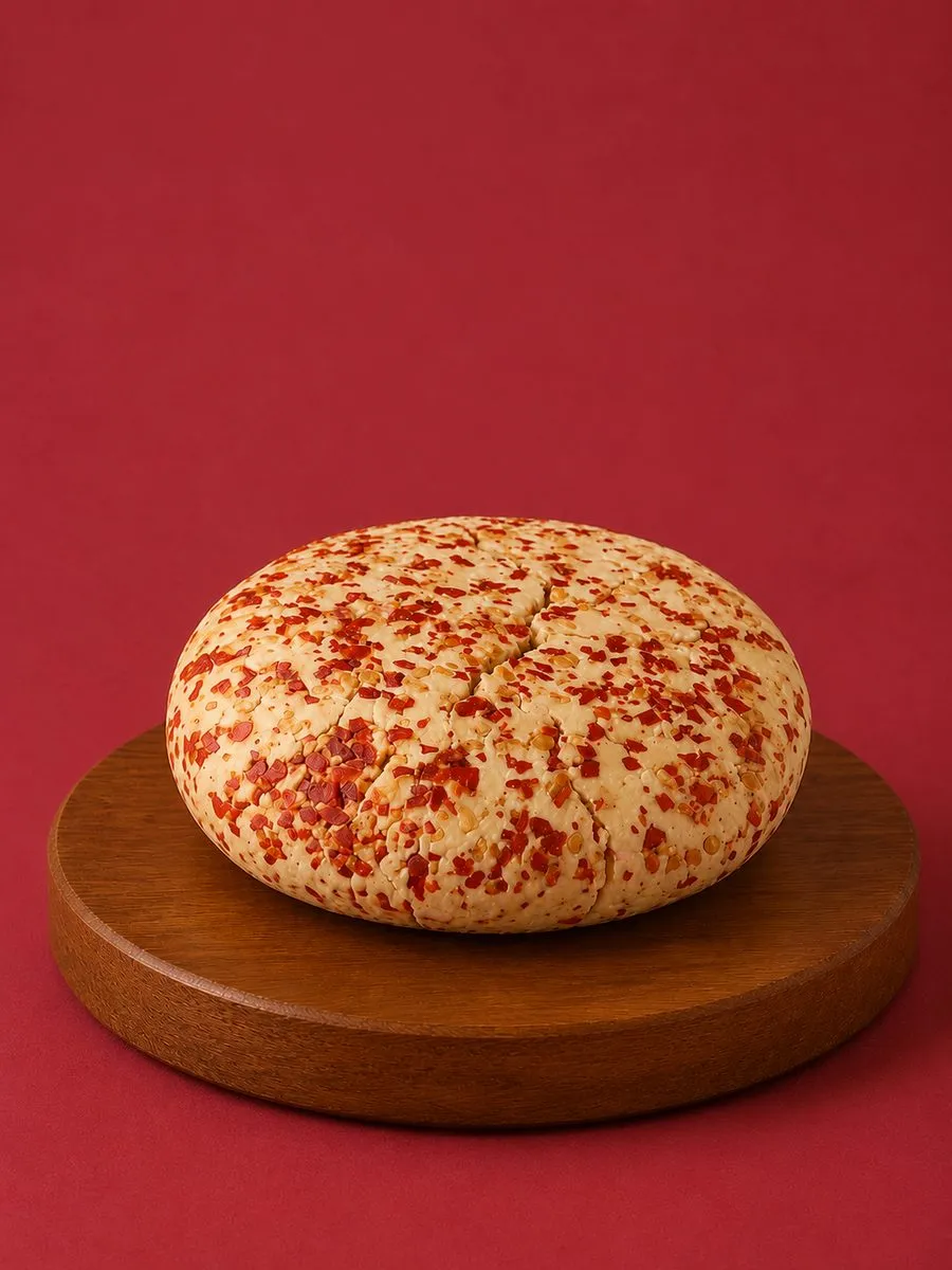 A wheel of Break of Dawn chilli garlic feta, cultured nut-based feta made from almonds