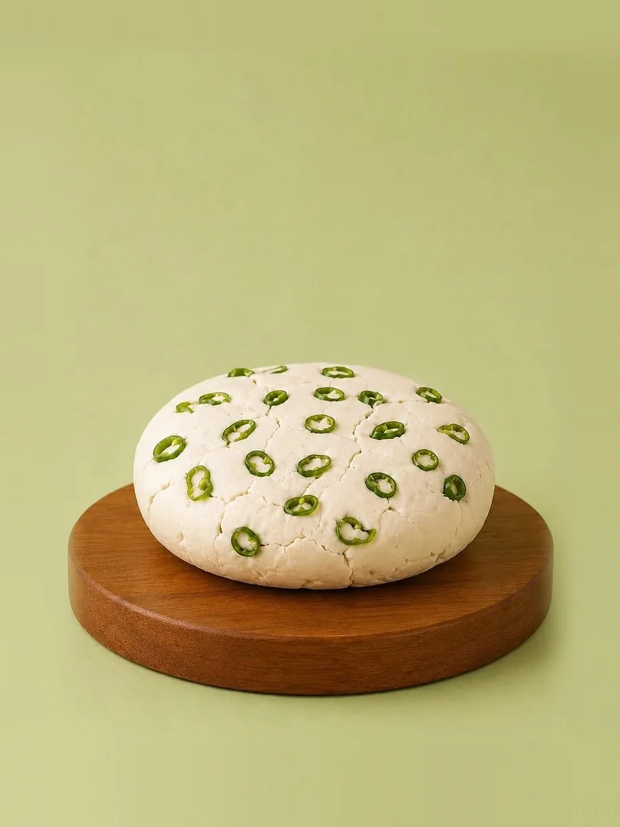 A wheel of Break of Dawn sour cream & onion feta, nut-based feta made from almonds