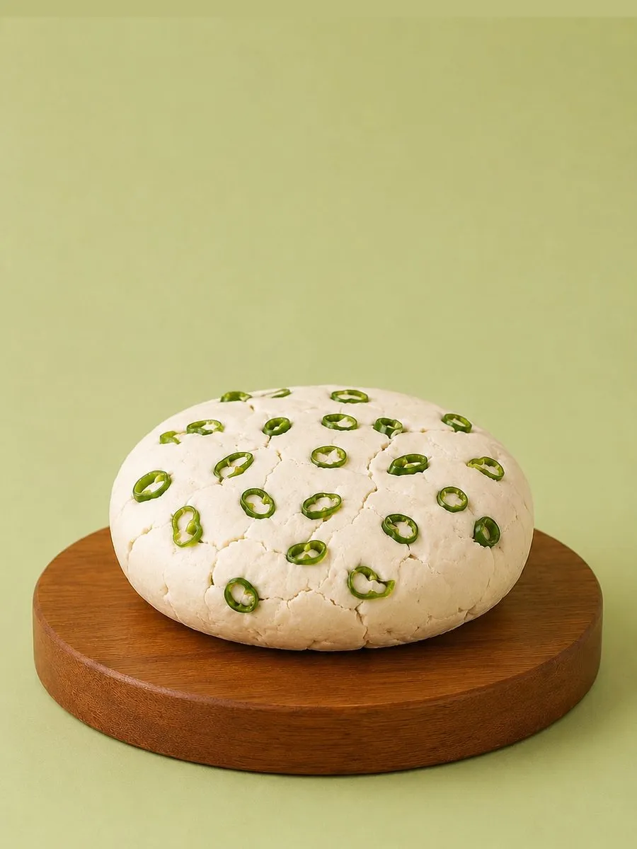 A wheel of Break of Dawn sour cream & onion feta, cultured nut-based feta made from almonds