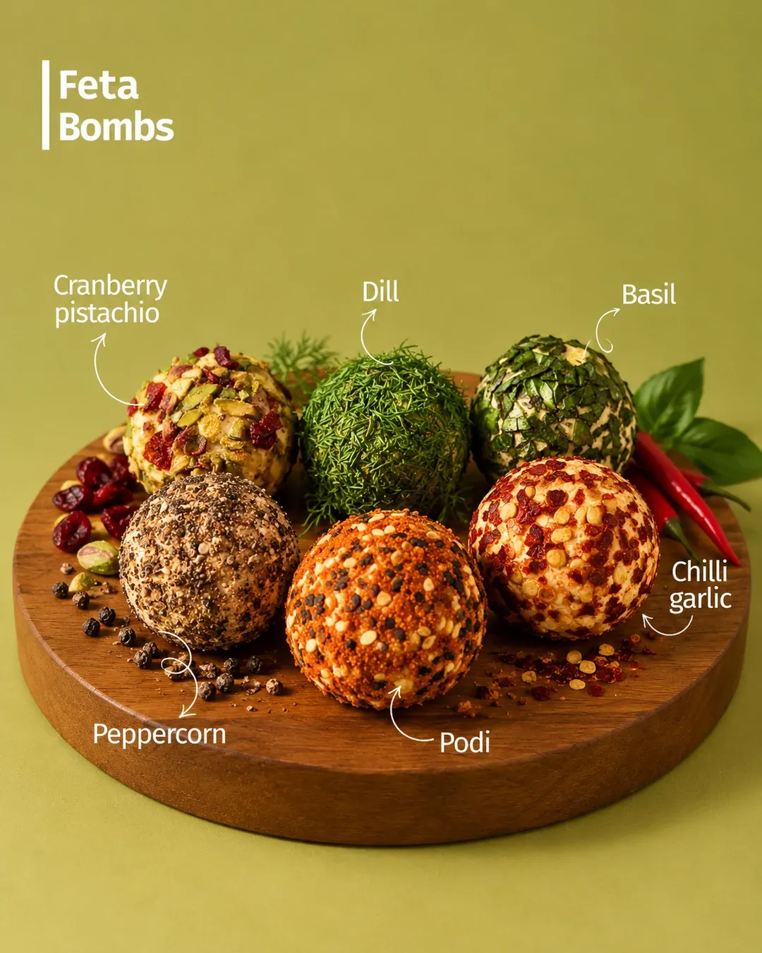 Six Break of Dawn feta bombs on a walnut board, labelled cranberry pistachio, dill, basil, peppercorn, podi and chilli garlic