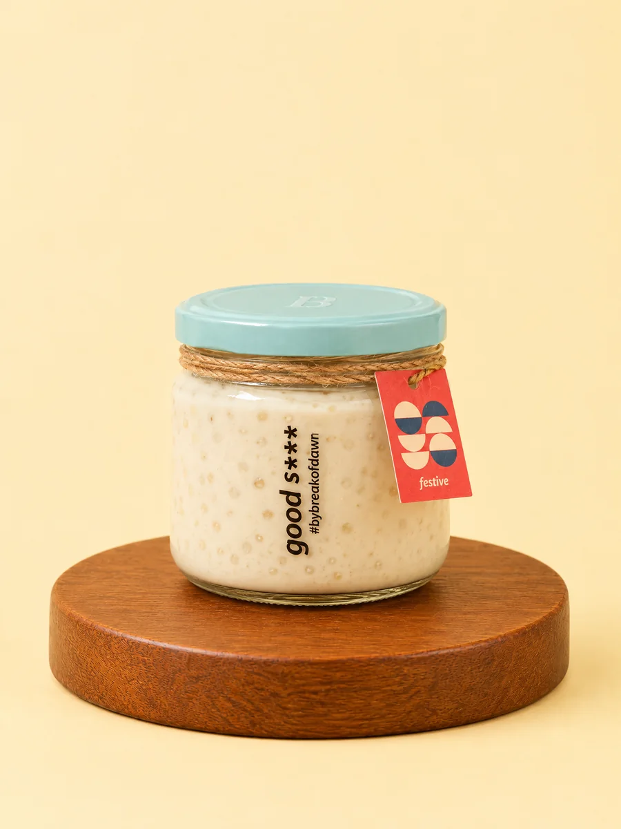 A jar of Break of Dawn coconut sago kheer, sugar-free and sweetened with monk fruit
